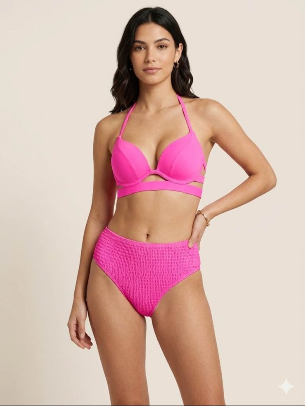 Hot Pink Victoria Secret High-Waist Bikini Set - Push-Up Top 34 A & Bottom